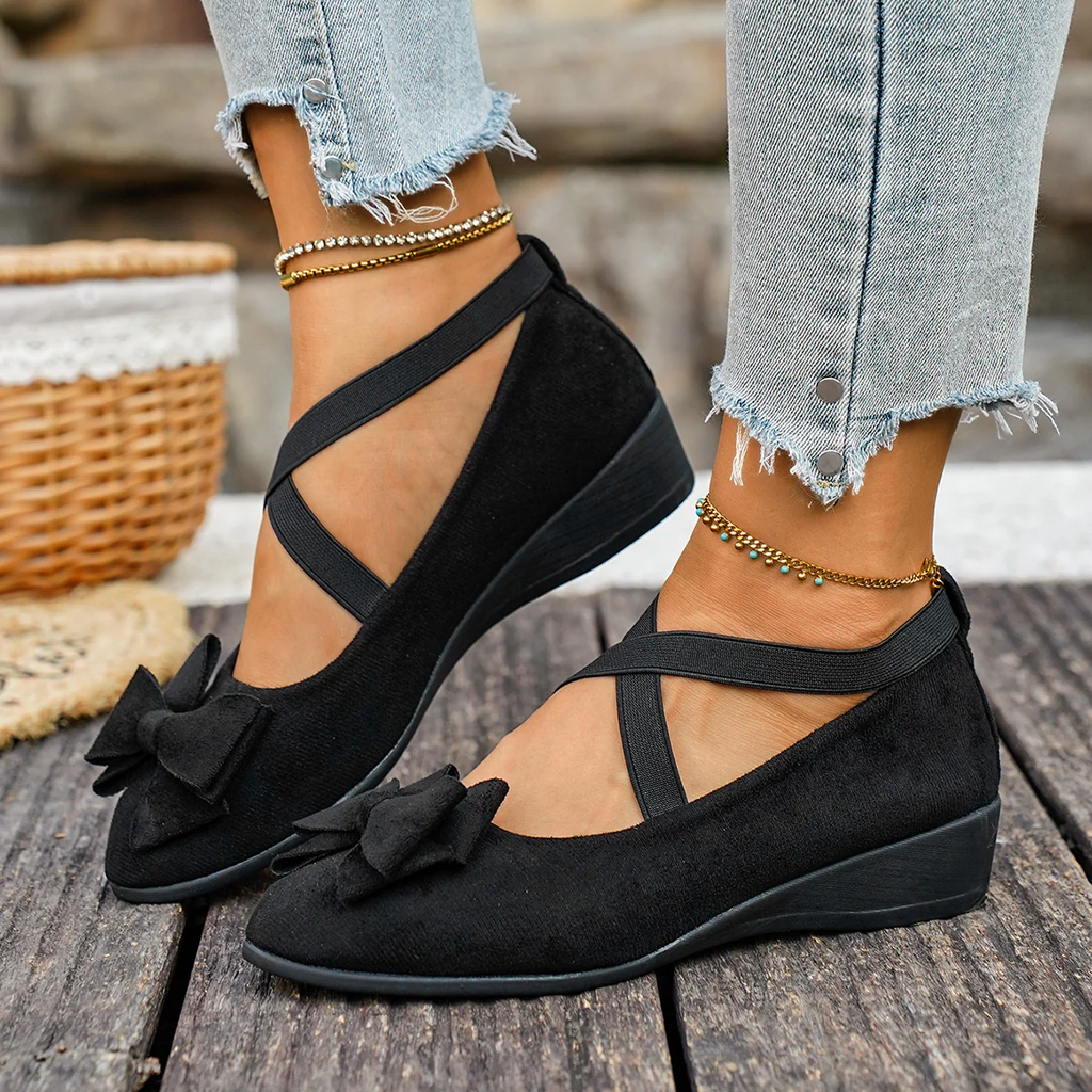 Women’s Elara Bow Suede Wedge Loafers – Elastic Cross-Strap Comfort Slip-Ons