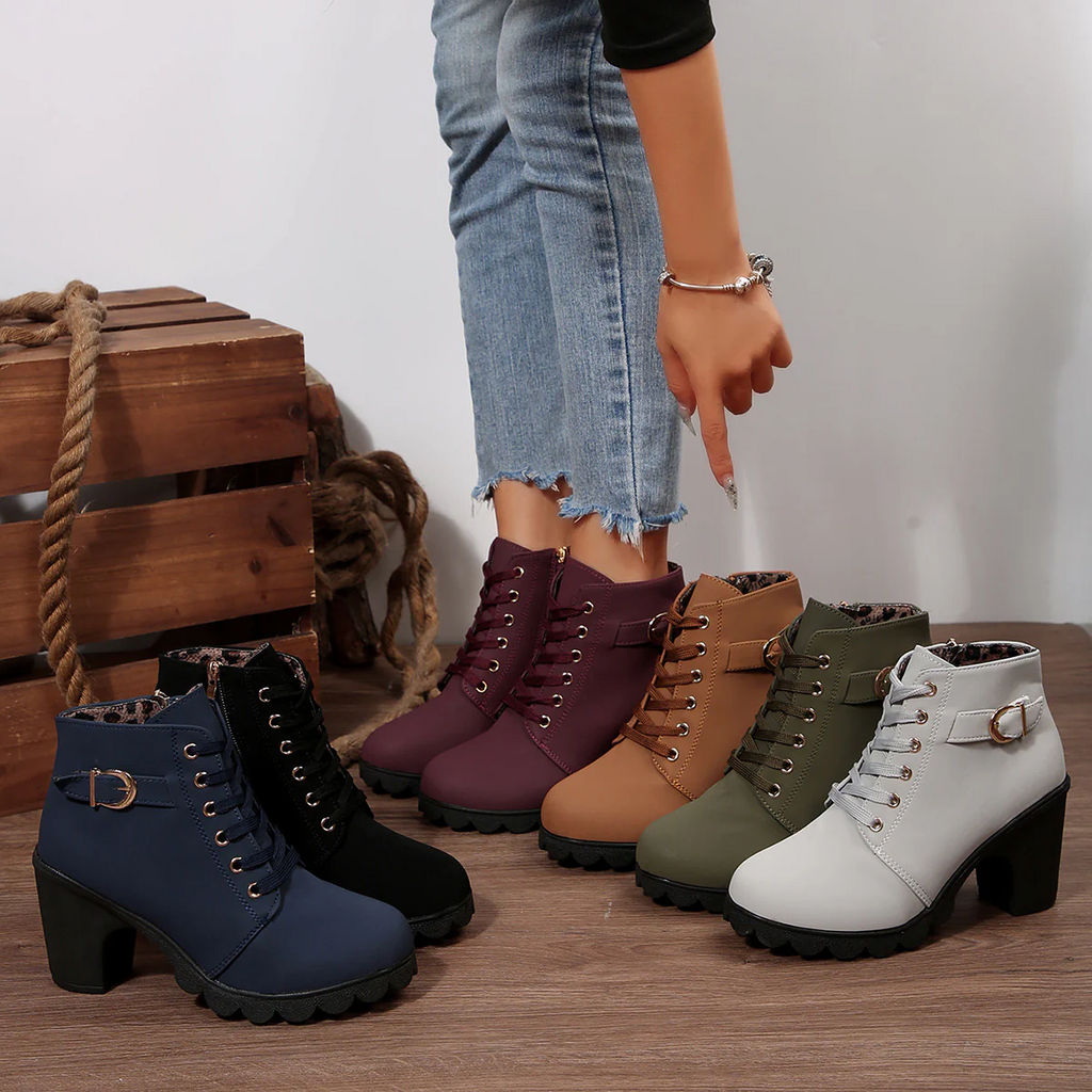 Women's Buckle Decorated Chunky Heel Ankle Boots - Side Zipper & Lace-Up Round Toe Mid-Calf Equestrian Boots