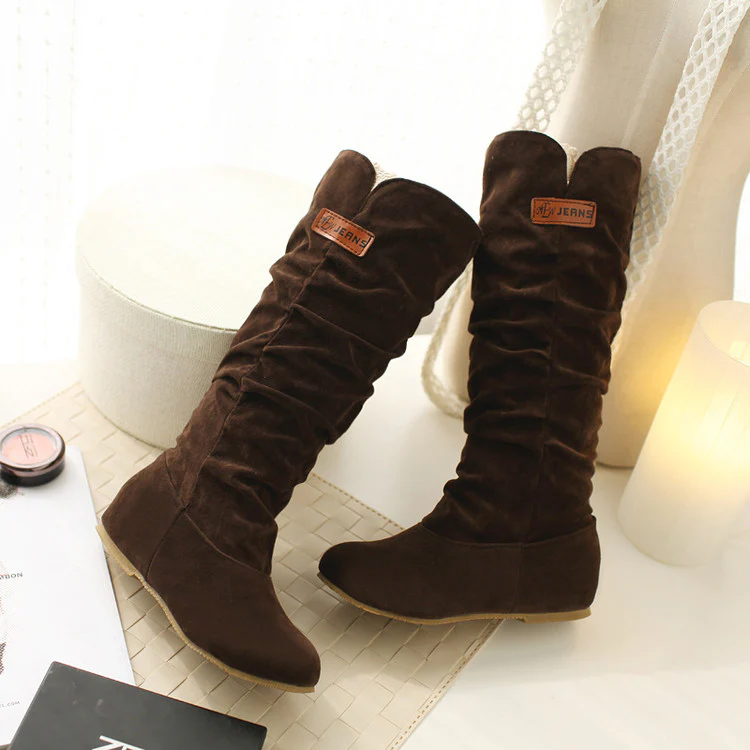 Women's Western Lace Mid-Calf Boots - Crinkle Suede Slouch Cowboy Boots